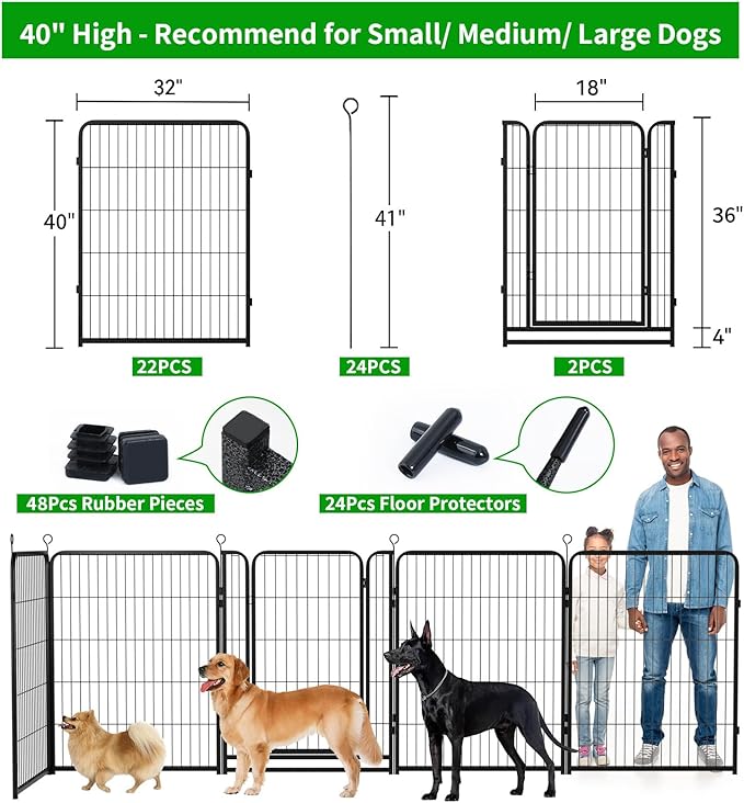 Dog Playpen Outdoor Extra Wide 24 Panels Heavy Duty Dog Fence 40" Height Anti-Rust with Doors Portable for RV Camping Yard, Total 63FT, 316 Sq.ft, Snowy Black