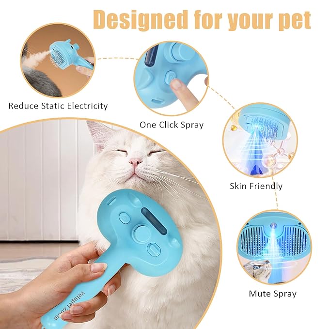 Cat Steam Brush for Shedding, Pet Steam Brush for Dog with Release Button,Anti-Static Pet Spray Hair Removal Comb,Cat Spray Comb for Long & Short Haired Pets,Blue