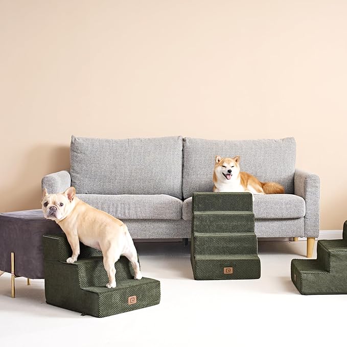 EHEYCIGA Dog Stairs for Bed 18" H, 4-Step Dog Steps for High Bed, Pet Steps for Small Dogs and Cats, Non-Slip Balanced Pet Ramp Indoor, Olive Green
