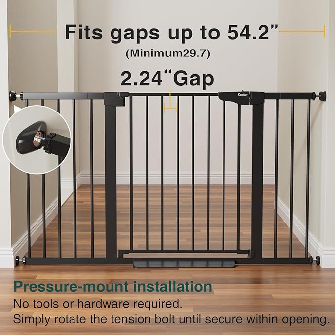 Cumbor 29.7-54.2" Wide Baby Gate for Stairs, Mom's Choice Awards Winner-Self Closing Dog Gate Indoor for Doorways, No Drilling Pressure Mounted Pet Gates for Kids, Easy Walk Through Safety Gate, Black