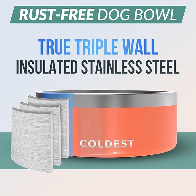 Coldest Dog Bowl - Anti Rust Metal, Non Slip, 3 Layers Insulated Stainless Steel Dog Bowls - Spill Proof & Heavy Duty - Water Bowl for Dogs, Cats & Pets, Dish Washer Safe (100 oz, Candy Red Glitter)