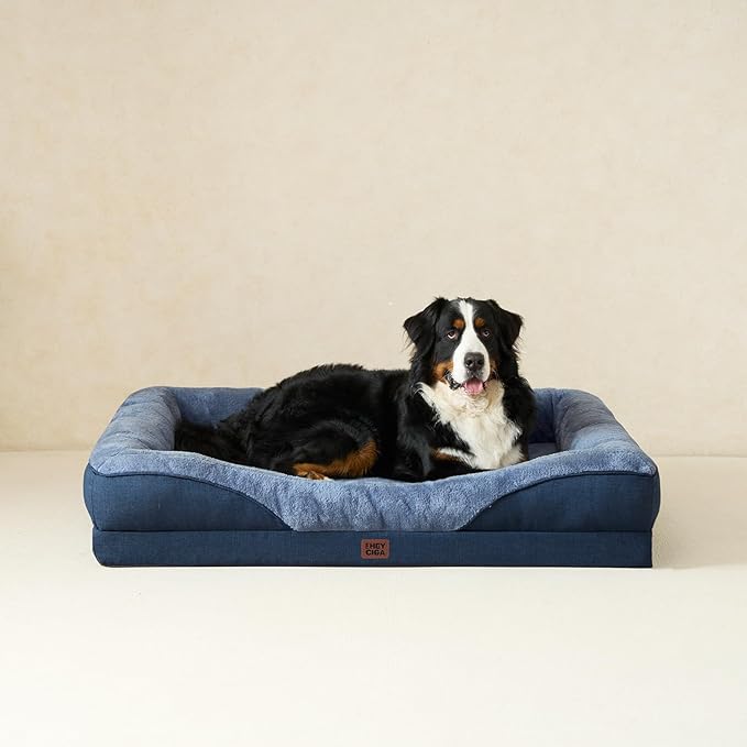 EHEYCIGA Memory Foam Dog Bed for Large Sized, Orthopedic Dog Sofa with Sides and Waterproof Liner, Washable Bolster Pet Couch with Removable Cover, 41x27x7.5 Inch, Navy
