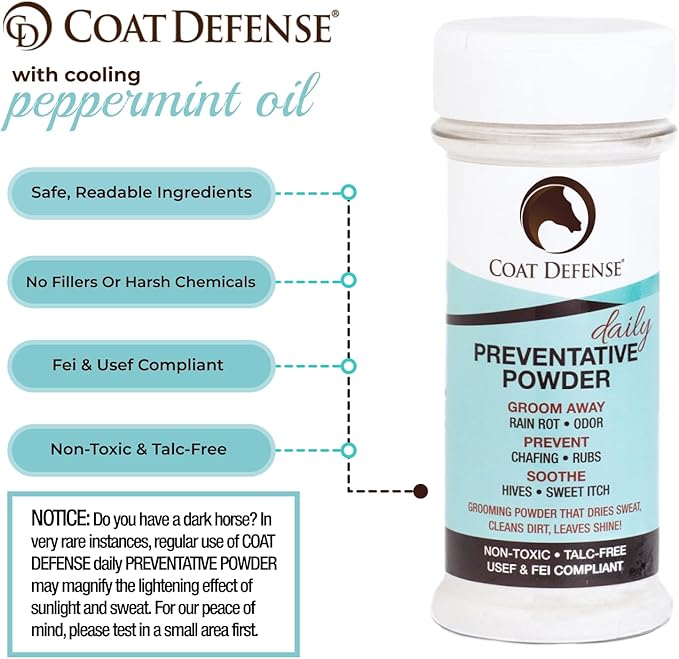 Coat Defense Daily Preventative Powder for Horses - Safe & Effective Equine Sweet Itch, Skin Funk, Scratches, & Rain Rot Treatment - Dry Shampoo for Horses, 8 oz Formula with All Natural Ingredients