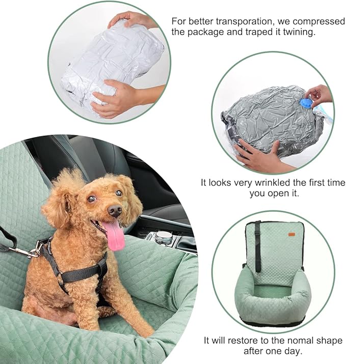 Dog Car Seat for Small Medium Dogs Up to 40lbs, Detachable Washable Soft Pet Booster Travel Bed for Front & Green Seat with Safety Leash Belt