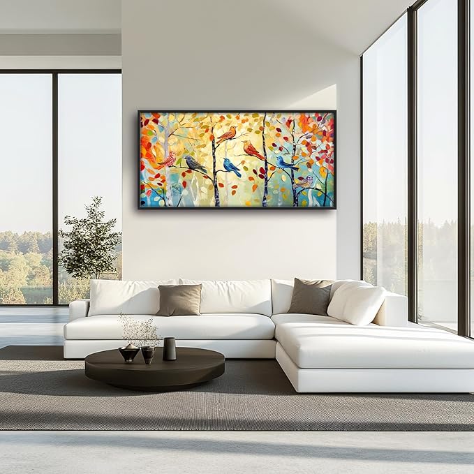 Extra Large Framed Abstract Bird Forest Wall Art,Colorful Birds Birch Tree Wall Decor Pictures for Living Room,Canvas Print Painting Modern Artwork Bedroom Office Bathroom Home Decor 60L x 30W