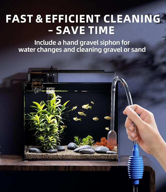 3 Gallon Fish Tank Aquarium Kit with Filter, LED Light with Timer, Siphon Vacuum Cleaner, Lid, Self-Cleaning Glass Rimless Betta Tank