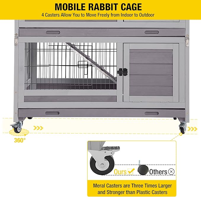 Aivituvin Large Rabbit Hutch Indoor and Outdoor Folding Bunny Cage on Wheels Guinea Pig Cage with Deep No Leak Pull Out Tray,Upgrade Version (Light Gray)