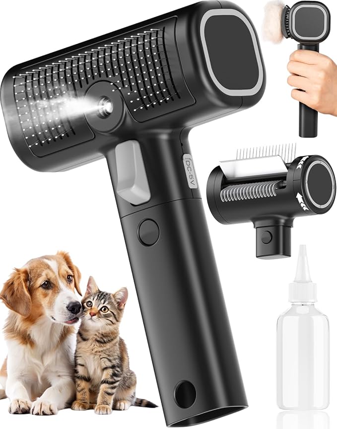 5-in-1 Cat Hair Brush & Gromming Rakes, Cat Steam Comb for Long or Short Haired Indoor Cats, Dog Hair Spritz Comb for Deshedding and Untangling, Pet Brush for Dog Kitten Rabbit Massage