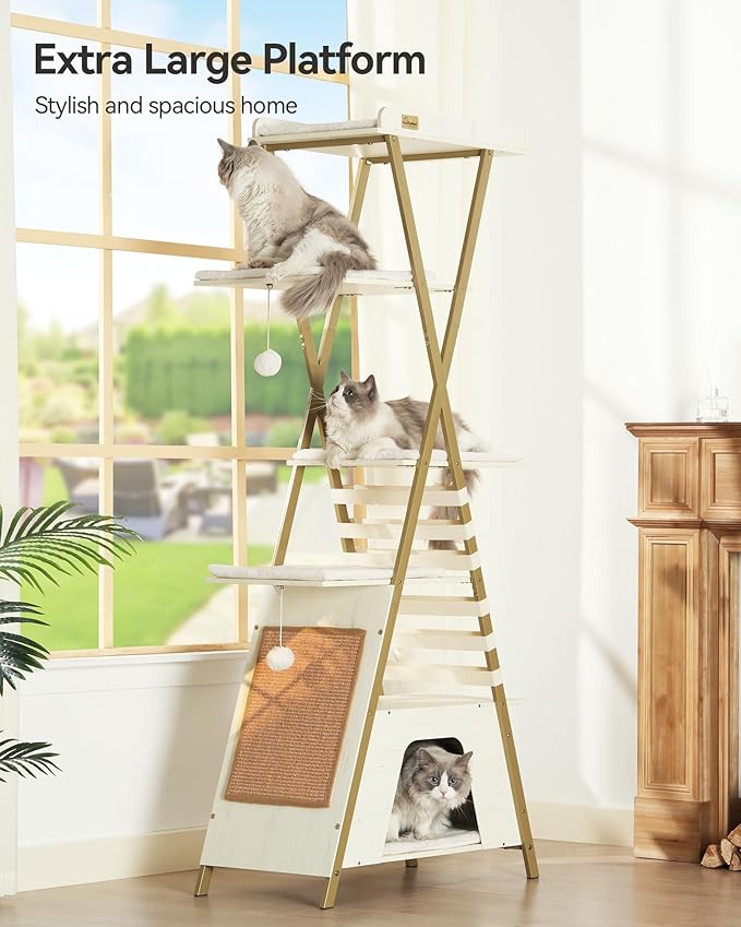 FourFurPets 72.4" Cat Tree, Modern Cat Tower for Indoor Cats, Multi-Level Cat Condo with Caves, Tall Cat Tree with Cat Scratching Board, Wooden Cat Tower with Large Perch, Removable Pads, White