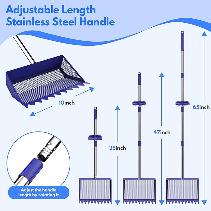 Chicken Poop Scooper & Rake 2-in-1, 304 Stainless Steel Shovel Head, Chicken Litter Scoop with Handle for Chicken Coop & Pet Waste Cleaning, Litter Sifting Shovel (35 to 65") US Patent Pending