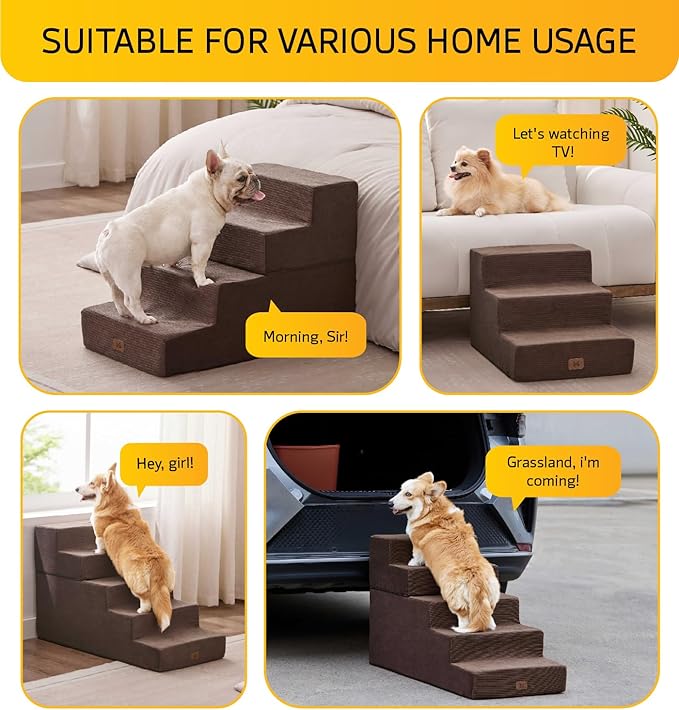 Dog Stairs for High Bed, Dog Steps for Bed Couch Sofa, 35D Foam Extra Wide Pet Steps for Small Dogs and Cats, Pet Stairs with Non-Slip Bottom Brown, 4 Steps