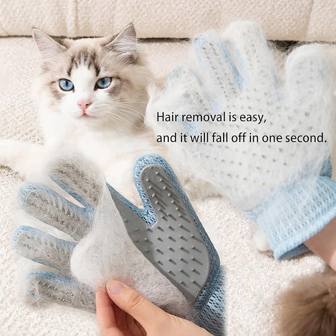 2 Pcs [2-in-1] Pet Hair Removal Gloves - Five Finger Massage Design Pet Beauty Gloves, Suitable for pet dogs and cats to prevent hair tanglings (Blue)