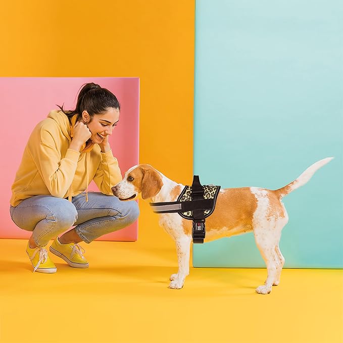 Dogline Dog Harness, Reflective No-Pull Adjustable Vest with Handle for Walking, Training, Breathable, No - Choke Harness for Small, Medium or Large Dogs Room for Patches Leopard Brown XS 15"-18"