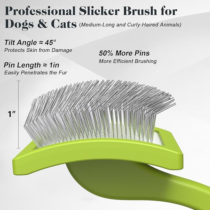 2PCS Slicker Brush for Dogs & Pet Comb,Professional Dog Grooming Brush (Goldendoodles,Poodles,Labradoodles) with Extra Long Pins to Effectively Remove Tangles, Knots and Mats (Green)