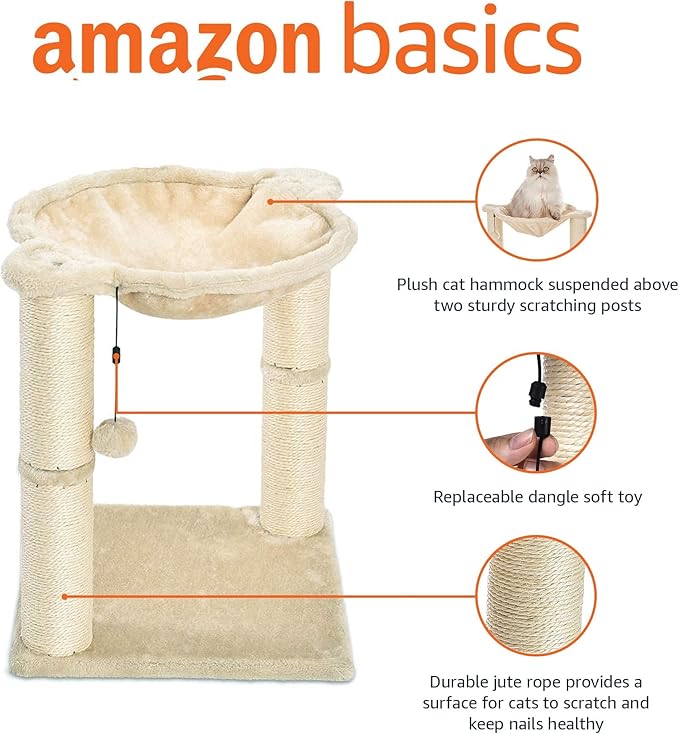 Amazon Basics Cat Condo Tower with Hammock Bed and Scratching Post,Easy to Assemble,Plush Hammock,Interactive Hanging Ball,Durable Sisal Scratch Posts for Indoor Cats, 15.8 x 15.8 x 19.7 Inches, Beige