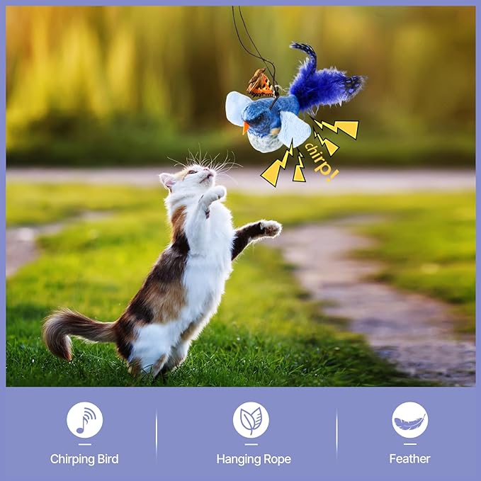 Cat Toys for Indoor Cats-7 Pieces Emrichment with Speedy Tail Moving Ball,Chirping Bird,Silvervine Sticks,Chew Rope,2 Cat Ball Toy,Hanging Caterpillar,Interactive Cat Toys for Bored Indoor Adult Cats