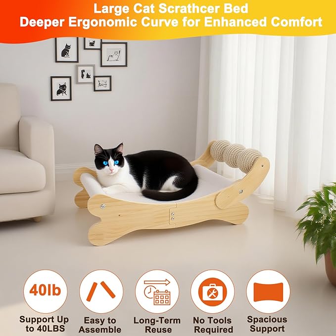 Cat Scratcher Bed for Indoor Cats | 3-in-1 Scratching Post & Hammock Lounge with Wooden Perch, No-Tip Stable Base for Small/Medium/Large Cats ，Durable Scratch Pad & Cat Furniture (Easy Assembly)