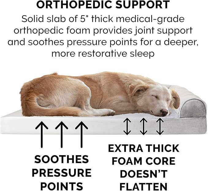Furhaven Orthopedic Dog Bed for Large Dogs w/ Removable Bolsters & Washable Cover, For Dogs Up to 125 lbs - Faux Fur & Velvet Sofa - Smoke Gray, Jumbo Plus/XXL