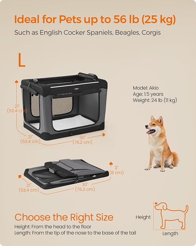 Feandrea Collapsible Dog Crate, 30-Inch Portable Dog Travel Crate for Medium Dogs, Oxford Fabric Pet Carrier with 4 Mesh Doors, Handles, Storage Pocket, Water Bottle Holder, Ink Black UPDC017B01