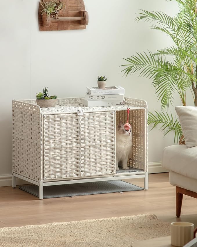 Cat Litter Box Enclosure Furniture with Divider, Handwoven Rattan Litter Box with Mat, 31.2 x 19.6 x 24.2 Inches, Metal Heightened Feet, Hidden Cat House for Living Room, Bedroom (White)