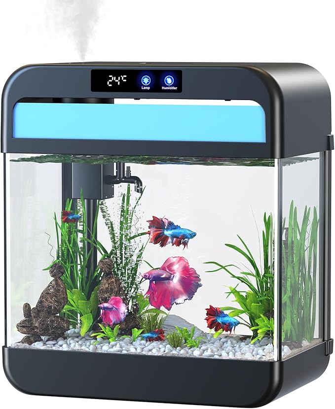 Fish Tank 2.2 Gallon Fish Bowl with Humidifier 7 Color Auto-Looping Light 3 in 1 Quiet Pump with Filteration & Oxygenation & Circulation, Temperature Display, HD Float Glass, Thickened Base