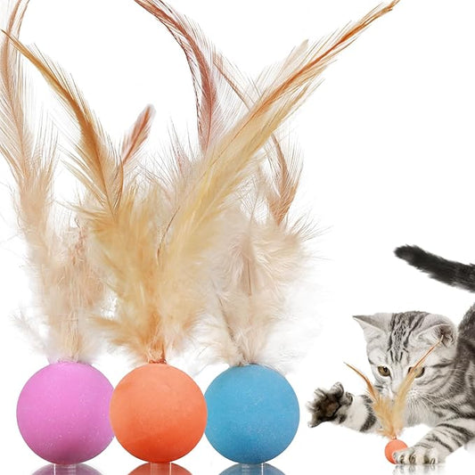 Cat Toys Balls with Feathers, 3 Pcs Interactive Cat Bouncy Balls for Indoor Cats and Playful Kittens, Rubber Kitten Ball Toys for Interactive Playing, Chase Training and Hunting Exercise