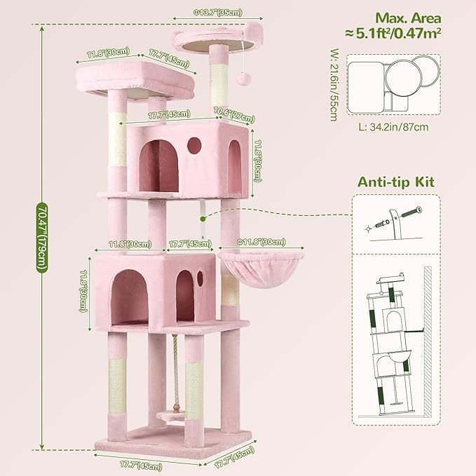 Globlazer Pink Cat Tree, 70 inch Tall Scratching Tower Multi-Level Cat Condo for Indoor Multiple Cats with 2 Large Cat Caves, Top Perch, Large Platform, Bottom Swing, F70B, Pink