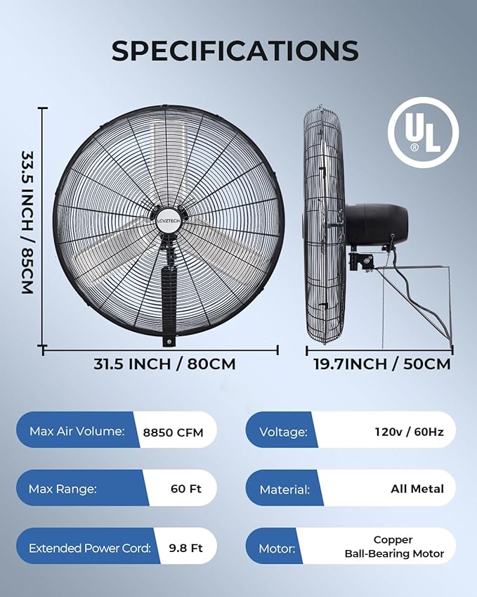 30 inch Wall Mount Fan Oscillating, 3-Speed 8850 CFM High Velocity Industrial Wall Mounted Fan, Heavy Duty Air Circulator for Garage, Shop, Gym, Workshop, Covered Patio - UL Listed