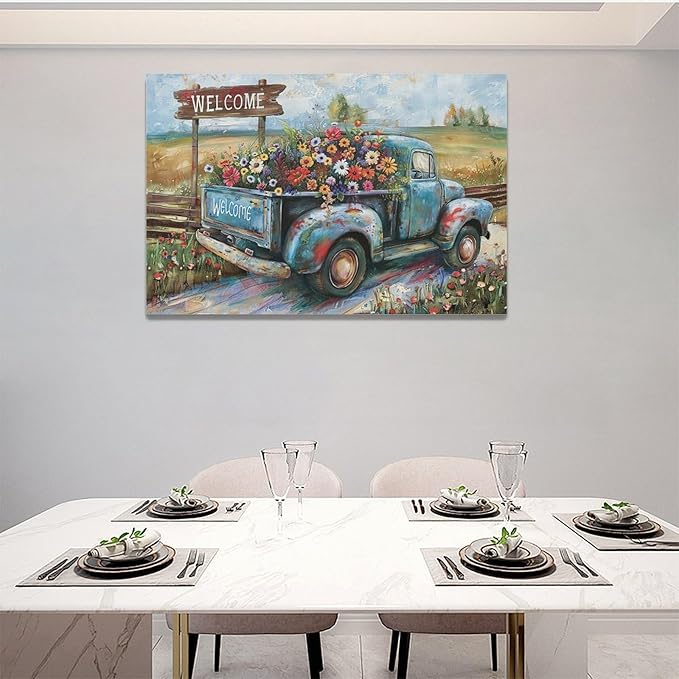 Farmhouse Truck Wall Art Rustic Country Wildflowers Wall Decor Road Flowers Landscape Pictures Canvas Print Painting Artwork for Bathroom Living Room Bedroom 16"x24"