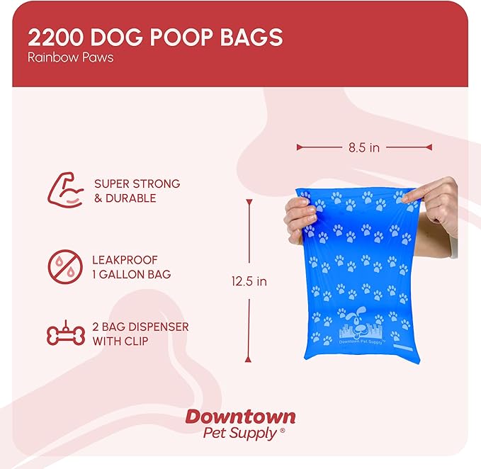 Downtown Pet Supply Rainbow Paw Print Poop Bags (2200 CT & 2 Dispensers) - Leak-Proof, Unscented, Clips to Leashes & Harnesses