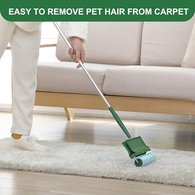 Floor Lint Rollers Pet Hair Extra Sticky with Retractable Long Handle,Large Cat Dog Hair Remover Laundry Clothes Carpet Furniture,6.3 inches Wider with 640 Sheets Giant Lint Remover Brush for Couch