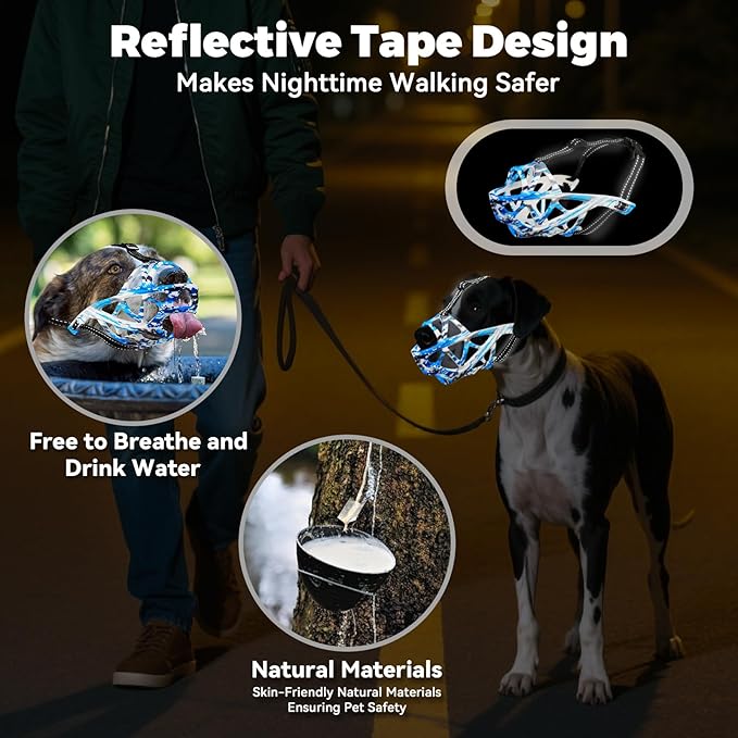 Dog Muzzle for Large Dogs, Medium and X-Large Aggressive Dog, Breathable Basket Muzzles, Suitable for Grooming Trimming Training, Allows Panting Drinking (Camouflage Blue, M)