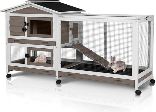 62" Rabbit Hutch with Chew-Proof Ramp & Waterproof Roof - Indoor/Outdoor Bunny Cage, 2-Story Design, 6 Lockable Caster Wheels & Dual Pull-Out Trays (Brown)