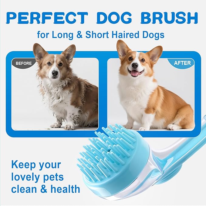 Dog Bath Brush, Silicone Pet Bath Brush with Soap Dispenser,Deep Cleansing & Gentle Massage for Dogs & Cats, Suitable for Long & Short Hair, Easy Grip, Bathing & Grooming(Blue)
