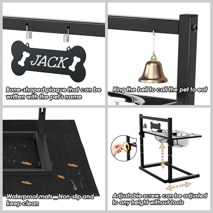 Elevated Dog Bowls with Slow Feeder and Spill Proof Mat, Adjustable Height 4.3-11.8'', Two 1.7L Stainless Steel Food & Water Bowls, Metal Raised Dog Bowl Stand, for Large Medium Breeds
