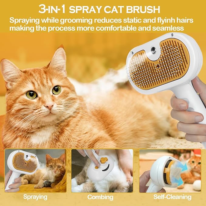 3-1 Cat Steam Brush for Shedding, Steamy Grooming Brush for Long & Short Hair Cats & Dogs, Self-Cleaning Pet Hair Removal Comb with Water Tank Dog