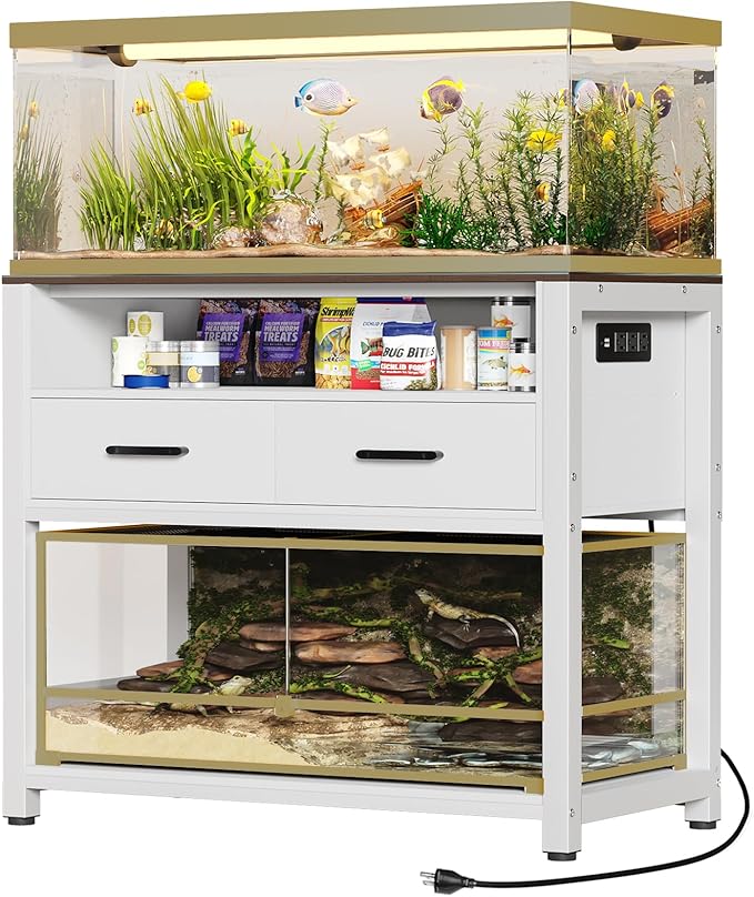 40-50 Gallon Fish Tank Stand with Power Outlet & 2 Storage Drawers, Heavy Duty Metal Frame Aquarium Stand with Waterproof Mat, 36.6" L*19.1" W Tabletop, 800LBS Capacity, White+Brown