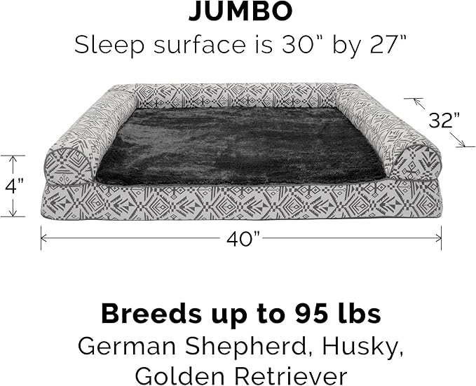 Furhaven Orthopedic Dog Bed for Large Dogs w/ Removable Bolsters & Washable Cover, For Dogs Up to 95 lbs - Plush & Southwest Kilim Woven Decor Sofa - Boulder Gray, Jumbo/XL