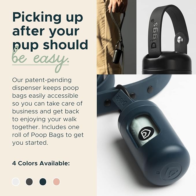 DIGGS Dog Poop Bag Dispenser for Leash - Premium Dog Waste Bag Holder with Easy One-Hand Dispensing (Navy)