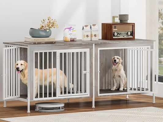 63 Inch Dog Cage Furniture for 2 Large/Medium Dogs with Removable Divider, Extra Large Double Doors Dog Kennel, XXL Thick Wooden Dog cage Furniture, Durable and Sturdy, Beige