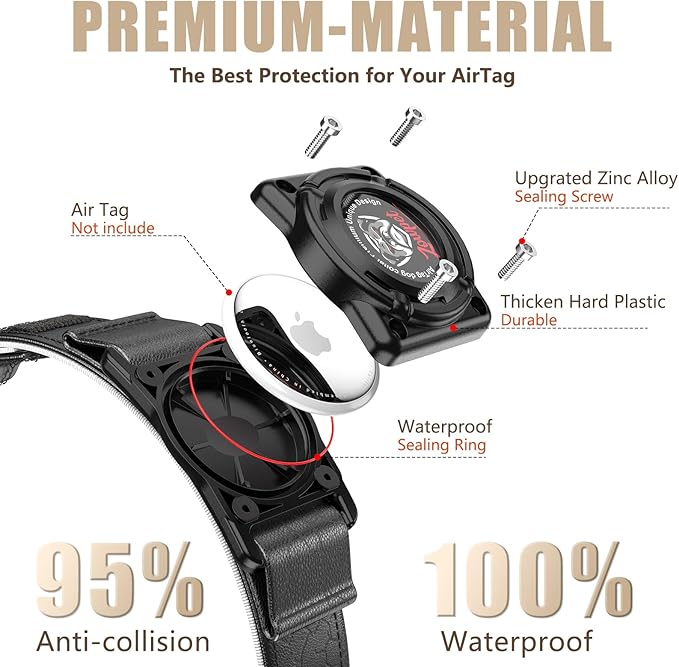 AirTag Dog Collar - Leather Dog Collar with Airtag Holder | IP68 Waterproof AirTag Holder with Metal Buckle, Comfortable GPS Dog Collars Tracker for Medium Large Dogs (Black, L)