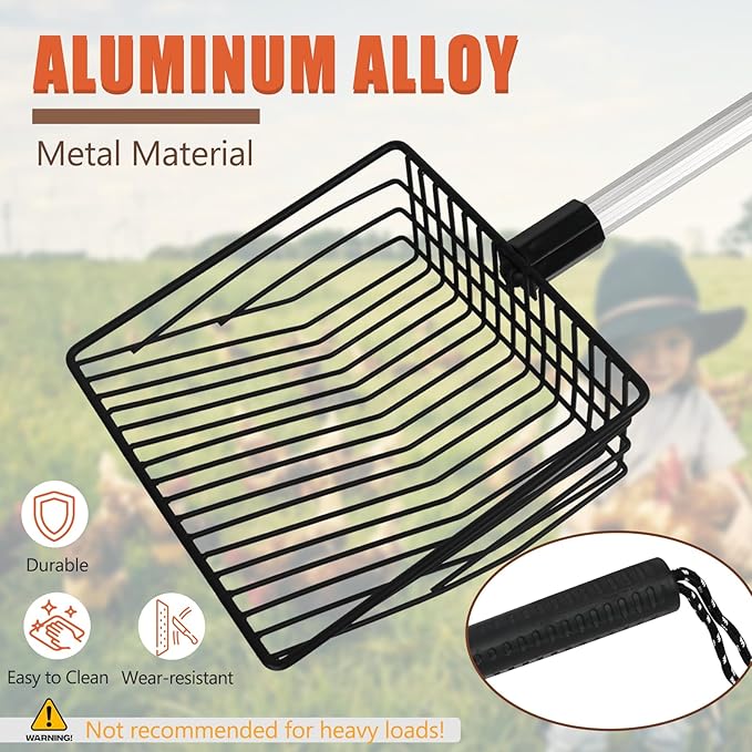 Esmorah Chicken Poop Scooper for Sand & Coop Cleaning - Sifting Shovel with 22"-40" Adjustable Handle, 3 Lengths Heavy Duty Stainless Steel Sifter