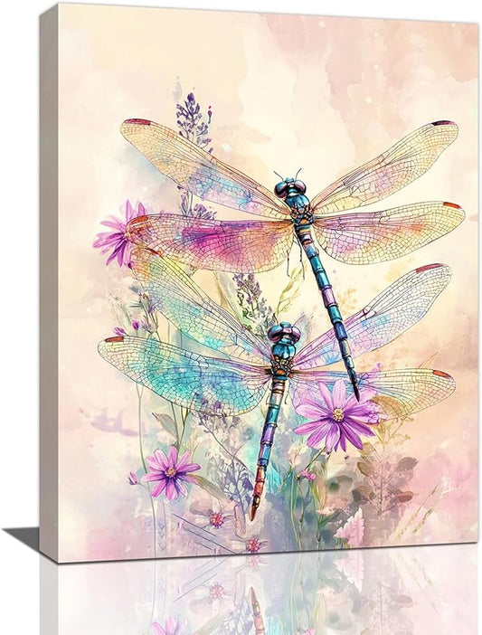 Dragonfly Bathroom Pictures Wall Art, Floral Bathroom Wall Decor, Framed Painting Canvas Artwork for Bedroom Living Room Decorations 20"L x 16"W
