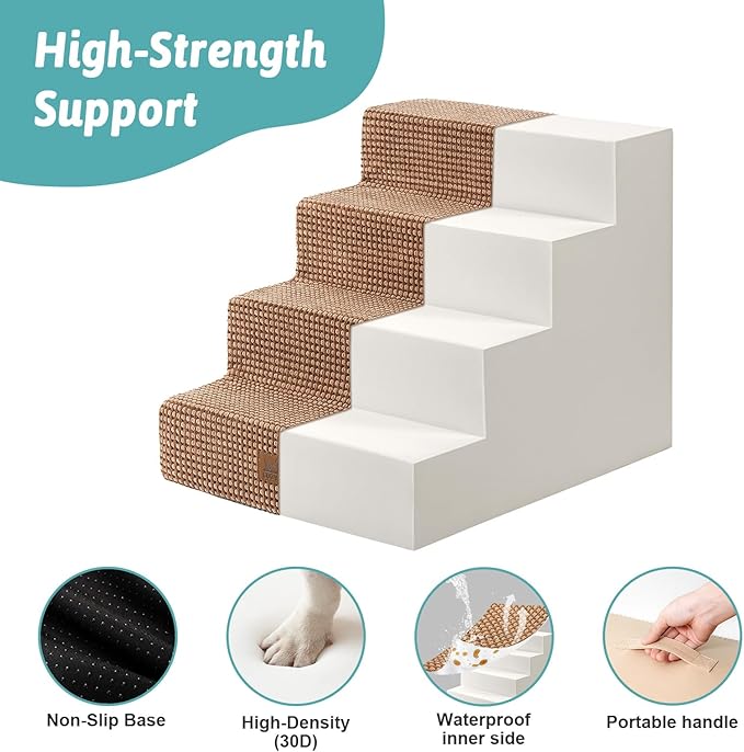 Dog Stairs for Small Dogs, 4 Tier Wider Pet Stairs for Couch and Beds, 17.7" H Non-Slip Dog Steps for Old Cats, Puppy, Small Medium Dogs, 17.7x23.6x17.7 inch, Light Brown