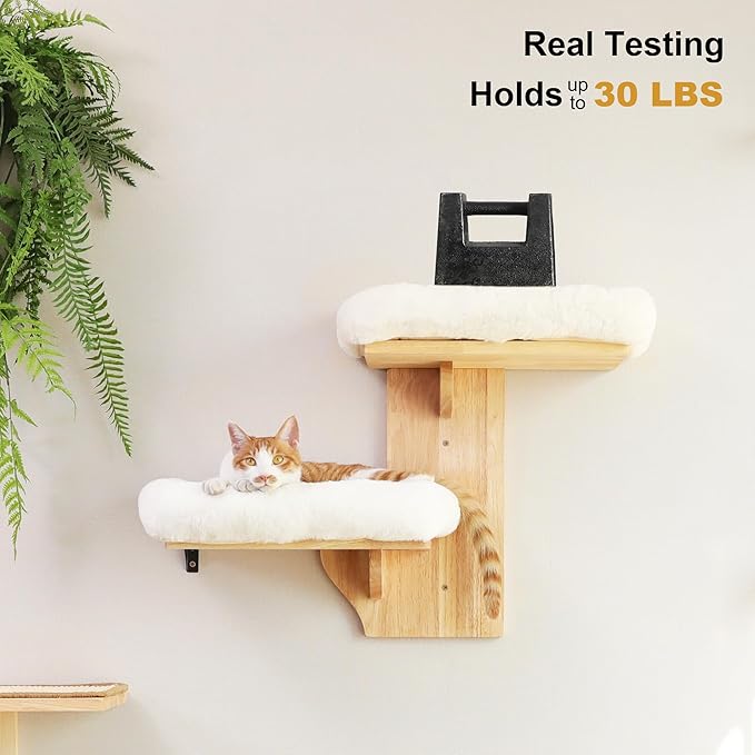 FUKUMARU Cat Wall Shelves, 2 Platform Cats Walls Furniture, Tree Shape Kitten Floating Shelf with Soft Cushion Perch, Solid Rubber Wood for 16 Inch Drywall, Suitable for Climb, Play, Nap