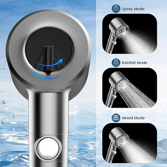 Filtered Shower Head with Handheld, High Pressure Water Flow and Multiple Spray Modes Shower Head with Filter, Power Wash for Hard Water, Showerhead with ON/OFF Switch for Pets Bath (Light Gray)