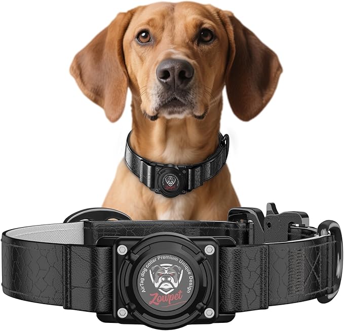 AirTag Dog Collar - Leather Dog Collar with Airtag Holder | IP68 Waterproof AirTag Holder with Metal Buckle, Comfortable GPS Dog Collars Tracker for Medium Large Dogs (Black, L)