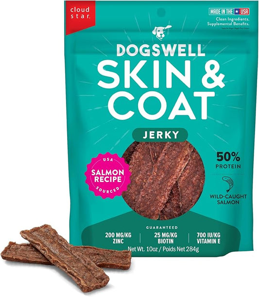 Dogswell Skin & Coat Jerky Dog Treats, Salmon, 10 oz. Bag