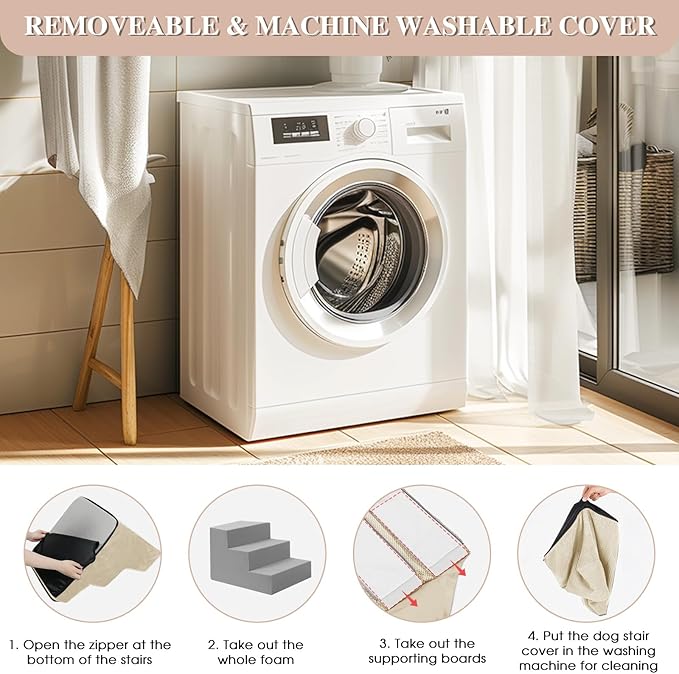 GGIB Dog Stairs for Small Dogs Pet Stairs for Sofa Couch Dog Ramp Pet Steps with Removable Washable Cover, Beige, 22" H, 5-Step