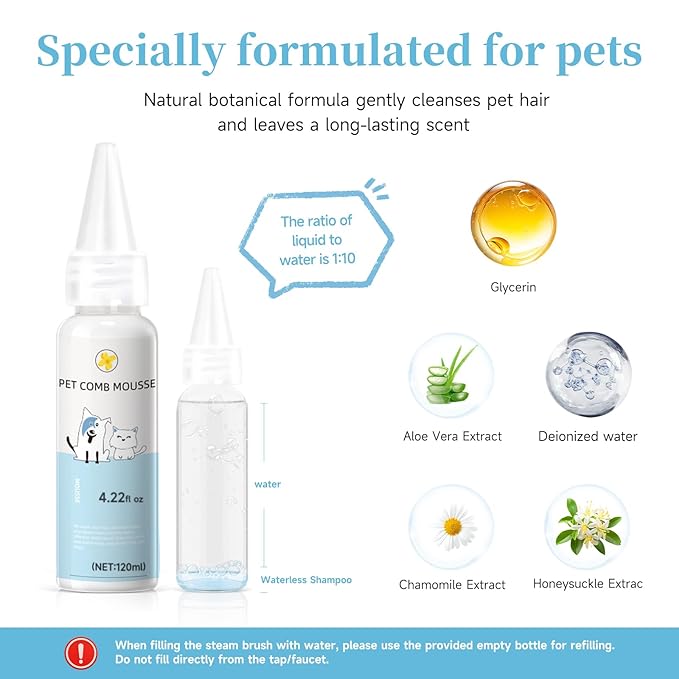 Cat Steam Brush, Pet Steam Brush for Cat & Dog, Mist Spray Comb, Spritz Defur Tool, Water Grooming Kit, Dog Hair Removal Steam Cleaner with Release Button Contains 1*Shampoo, Dental Wipes